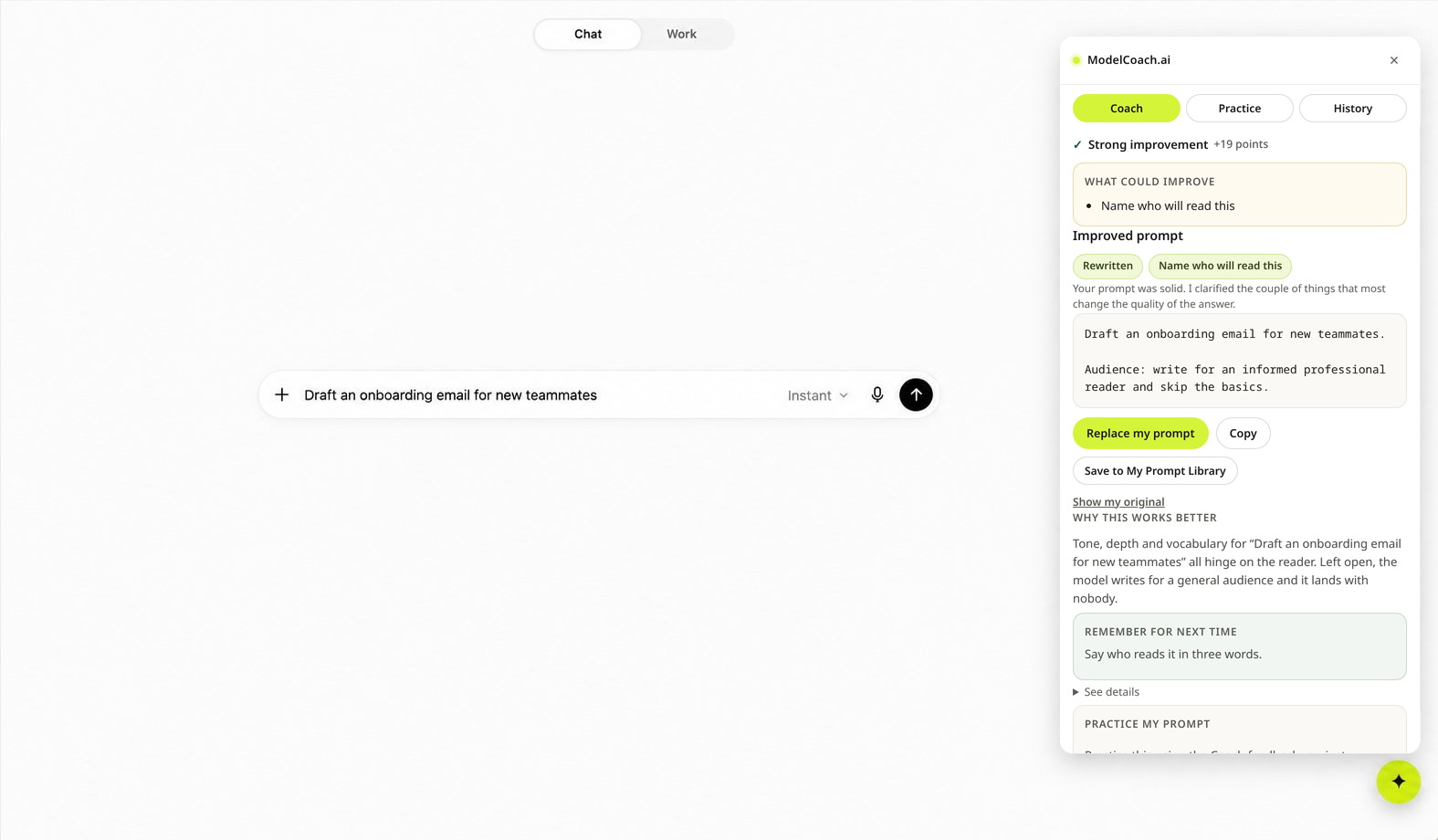 The ModelCoach.ai extension panel open inside ChatGPT while coaching the prompt "Draft an onboarding email for new teammates": what could improve, the improved prompt with Replace my prompt and Copy, why this works better, and a remember-for-next-time takeaway.