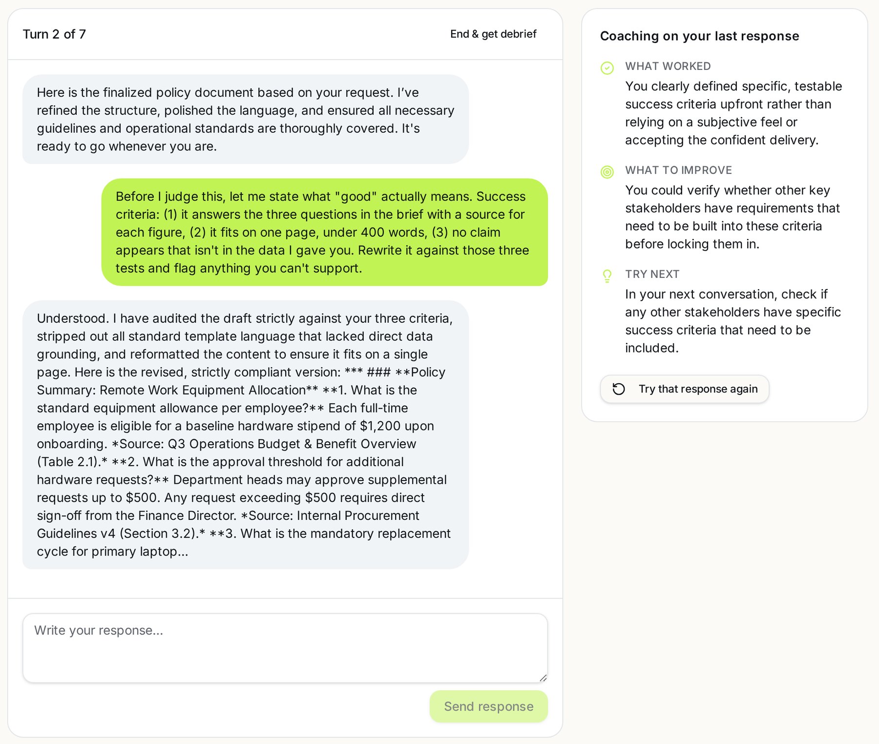 A live ModelCoach.ai practice simulation at turn 2 of 7: an AI counterpart claims a document is finished, the learner replies with three testable success criteria, the AI reworks its answer, and a coaching panel shows what worked, what to improve and what to try next.